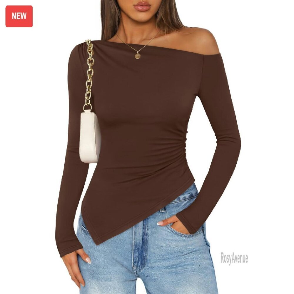 Women's Off Shoulder Long Sleeve Ruched Slim Fit Top Y2K Asymmetrical